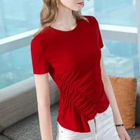 1pcs womens blouses tops 2022 summer cotton blend splicing pure color short sleeve irregular primer shirt ladies skinny shirts