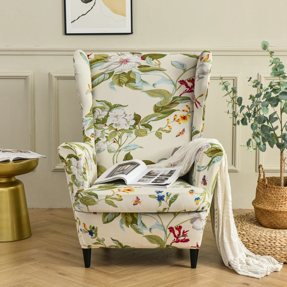 

Stretch Wing Chair Covers Plant Pattern Spandex Armchair Covers Nordic Removable Relax Sofa Slipcover With Seat Cushion Cover