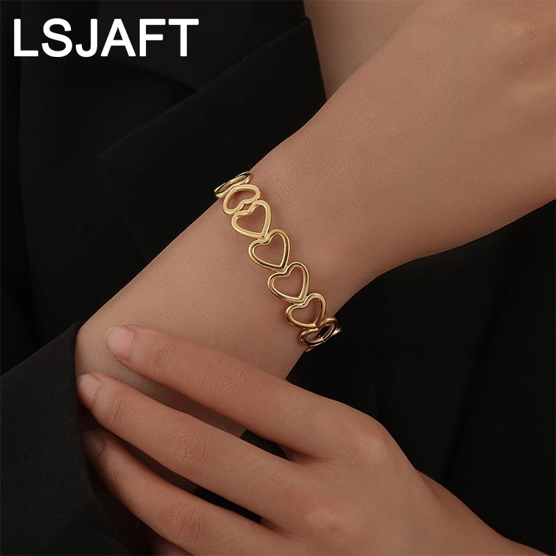 

INS Fashion Gold Plated Multi Layered Hollow Heart Open Bangle Adjustable Women Link Chain Bracelet Jewelry Christmas Gift Party