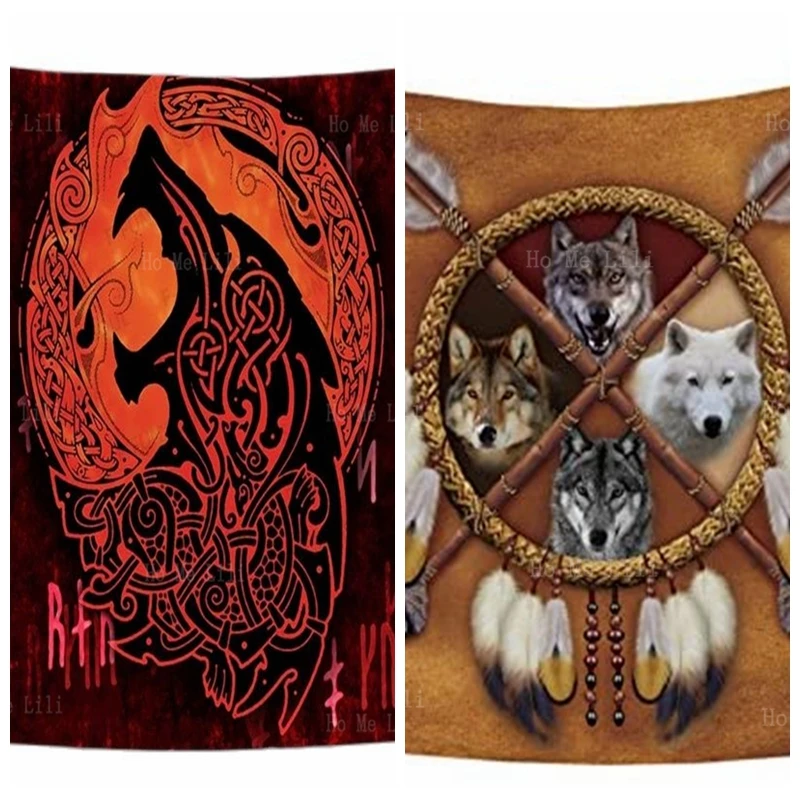 

Viking Wolf Runes Ancient Red Psychedelic Four Wolves Dreamcatcher Tapestry Wall Hanging Brown Gold For Bedroom