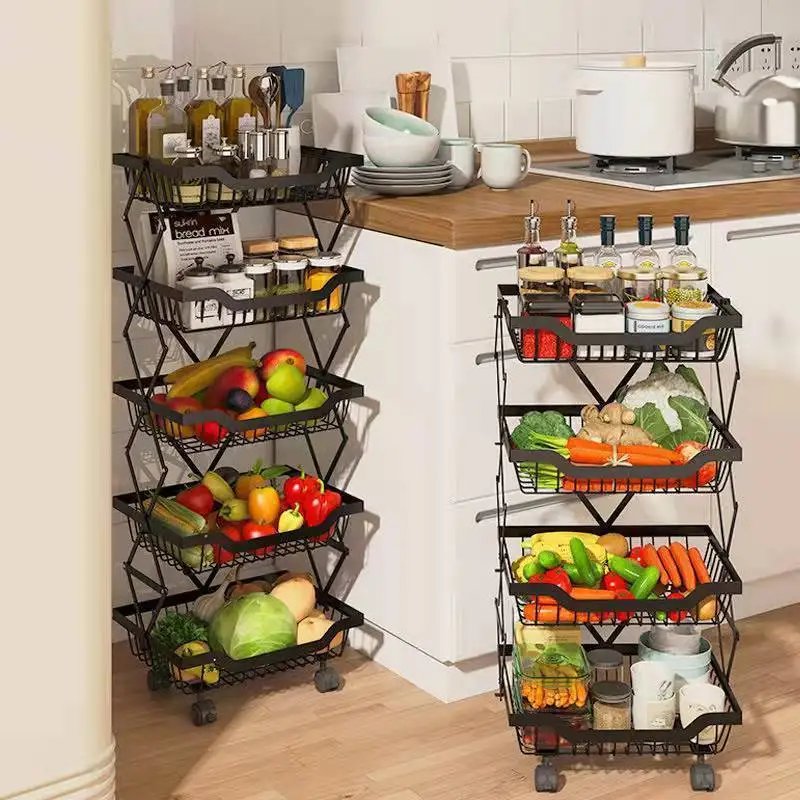 

3/4/5 ярусная Складная стойка для хранения, напольная Поворотная кухонная корзина, полка для хранения на колесах