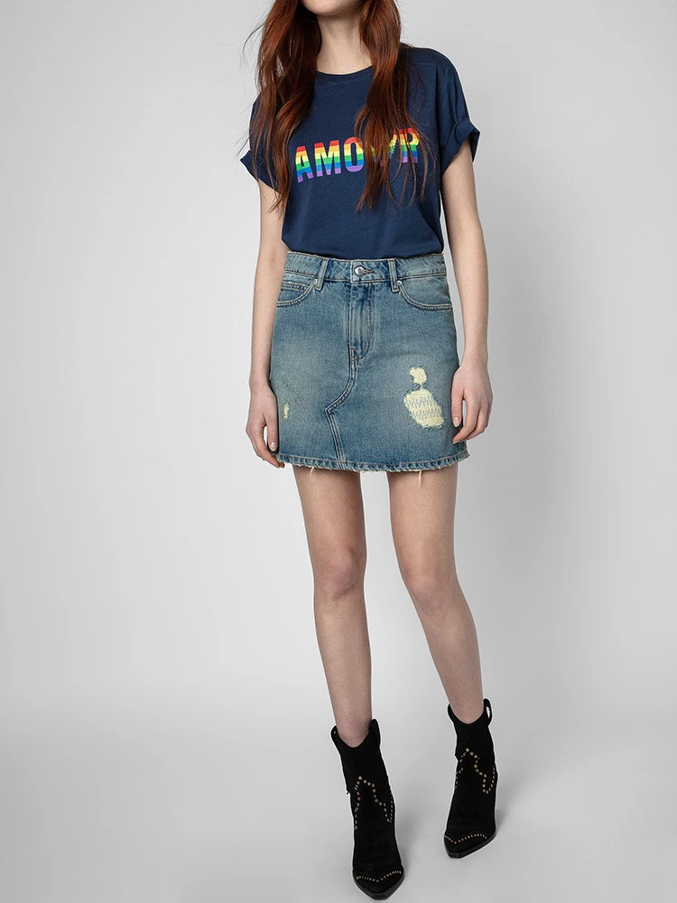 

Women T-shirt 2022 Summer New Letters Rainbow Color Printed Round Neck Royal Blue Women Short Sleeve T-Shirt Top