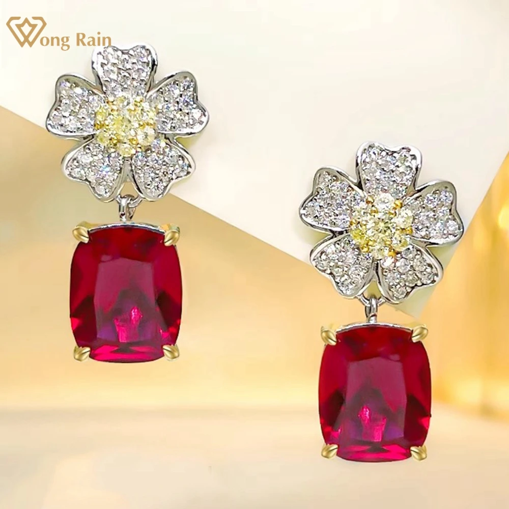 

Wong Rain 925 Sterling Silver Flower 4 CT Lab Ruby Emerald High Carbon Diamond Gemstone Fine Women Drop Earrings Wedding Jewelry