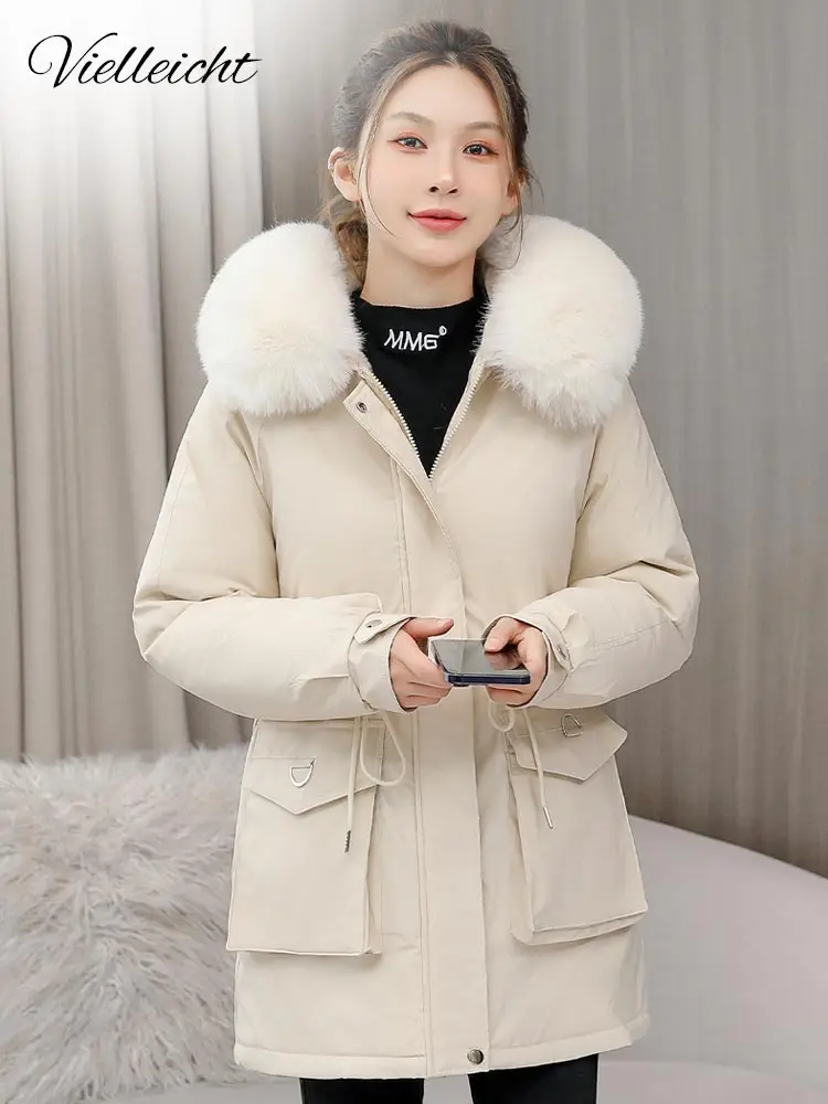 Vielleicht 2023 New Winter Fur Hooded Long Sleeve Jacket Women Solid Color Cotton-padded Warm Loose Parkas Coat Fashion Outwear