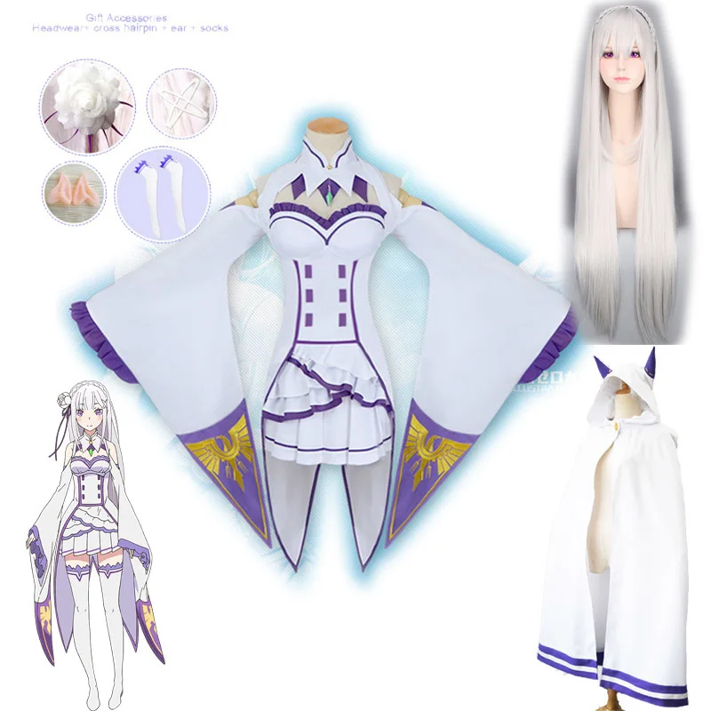 

Re:Zero Emilia Cosplay Costume Or Wig Re:Life In a Different World From Zero Emiria Dress Cloak Halloween Party Anime Clothing