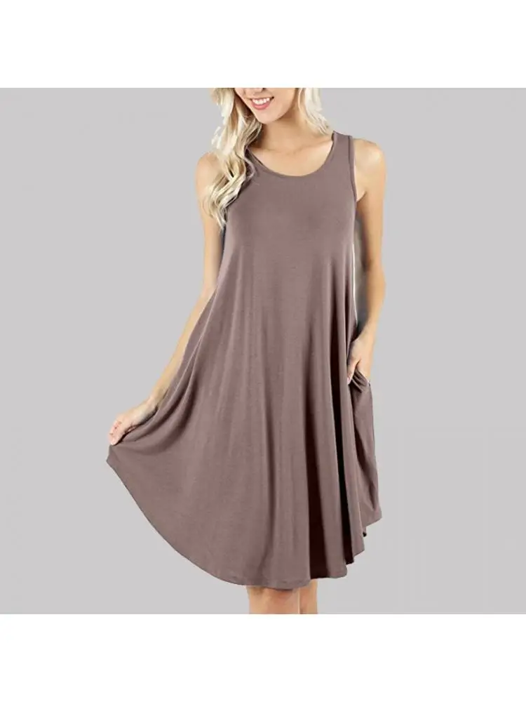 

Summer Sleeveless Pocket Midi Tank Dress Off Shoulder Casual Loose Round Neck Irregular Women Tank Sundress Beach Robe Femme