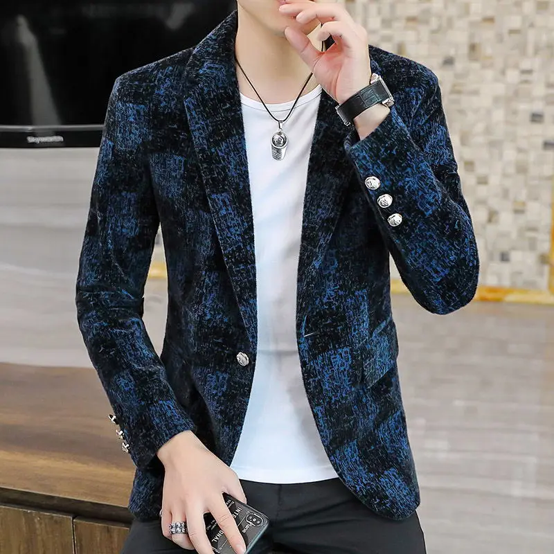 

Boutique Men's Fashion Elegant Gentleman Contrast Color Velvet Korean Version Business Casual British Style Slim Formal Blazer