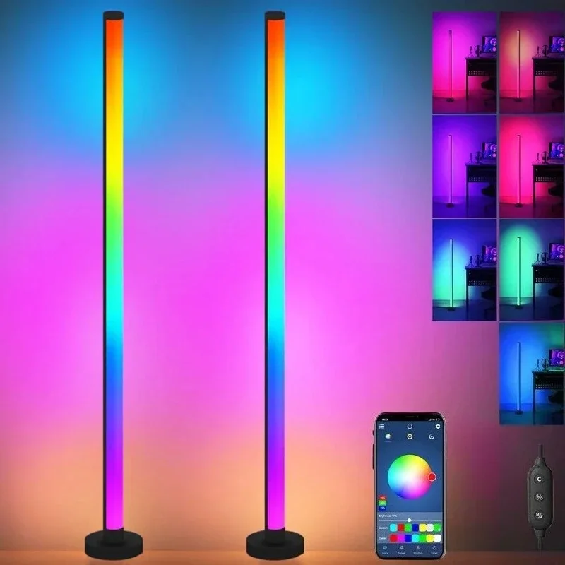 Фото Умный светодиодный торшер RGB с дистанционным и APP-управлением, синхронизация с музыкой, угловое освещение, таймер, современная лампа для создания атмосферы в гостиной и для гейминга №1