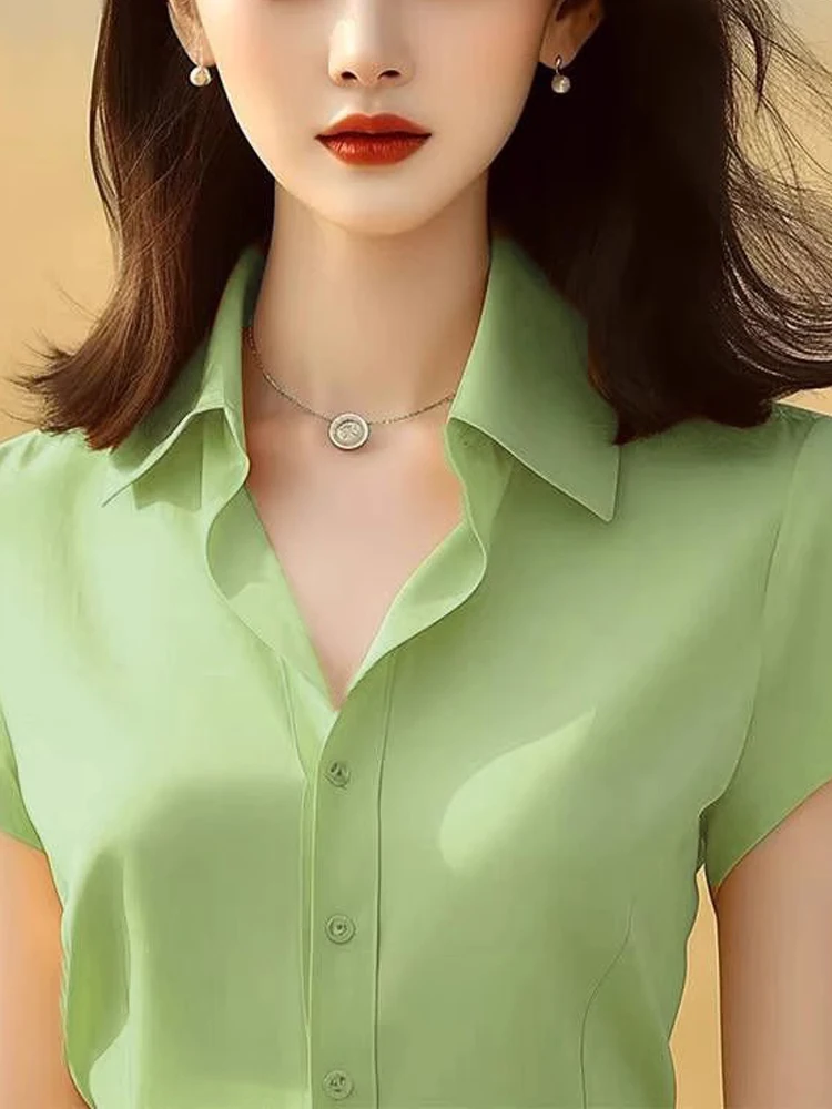 Модная темпераментная Красивая свободная зеленая рубашка с отложным воротником