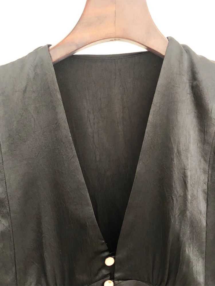 

Осеннее женское черное платье на пуговицах с глубоким V-образным вырезом элегантное платье с рукавом до локтя комбинированное французское Брендовое вечернее платье мини-платье