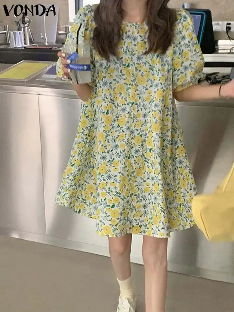 

VONDA Summer Dress 2023 Bohemian Floral Printed Mini Sundress Women O Neck Short Puff Sleeve Casual Loose Beach Vestidos