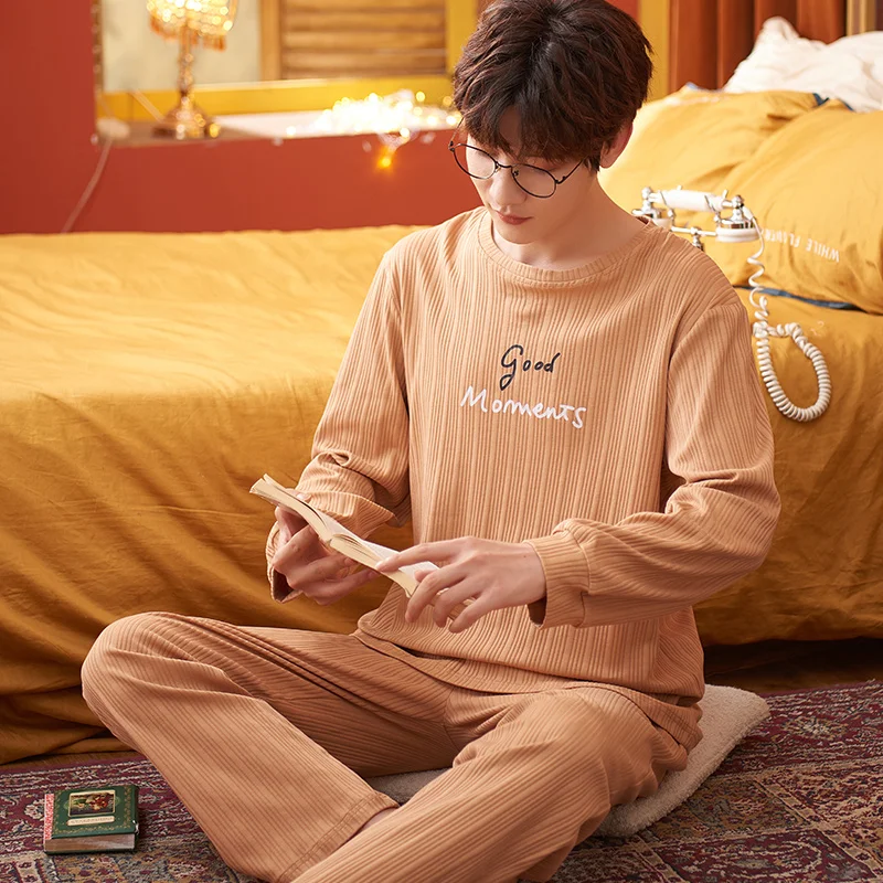 2022 Autumn Cotton Sleepwear For Men 2 Pieces Set Pijamas Man Home Suit Long Sleeping Tops Pant Nightwear Male Pjs Cartoon Pyjam