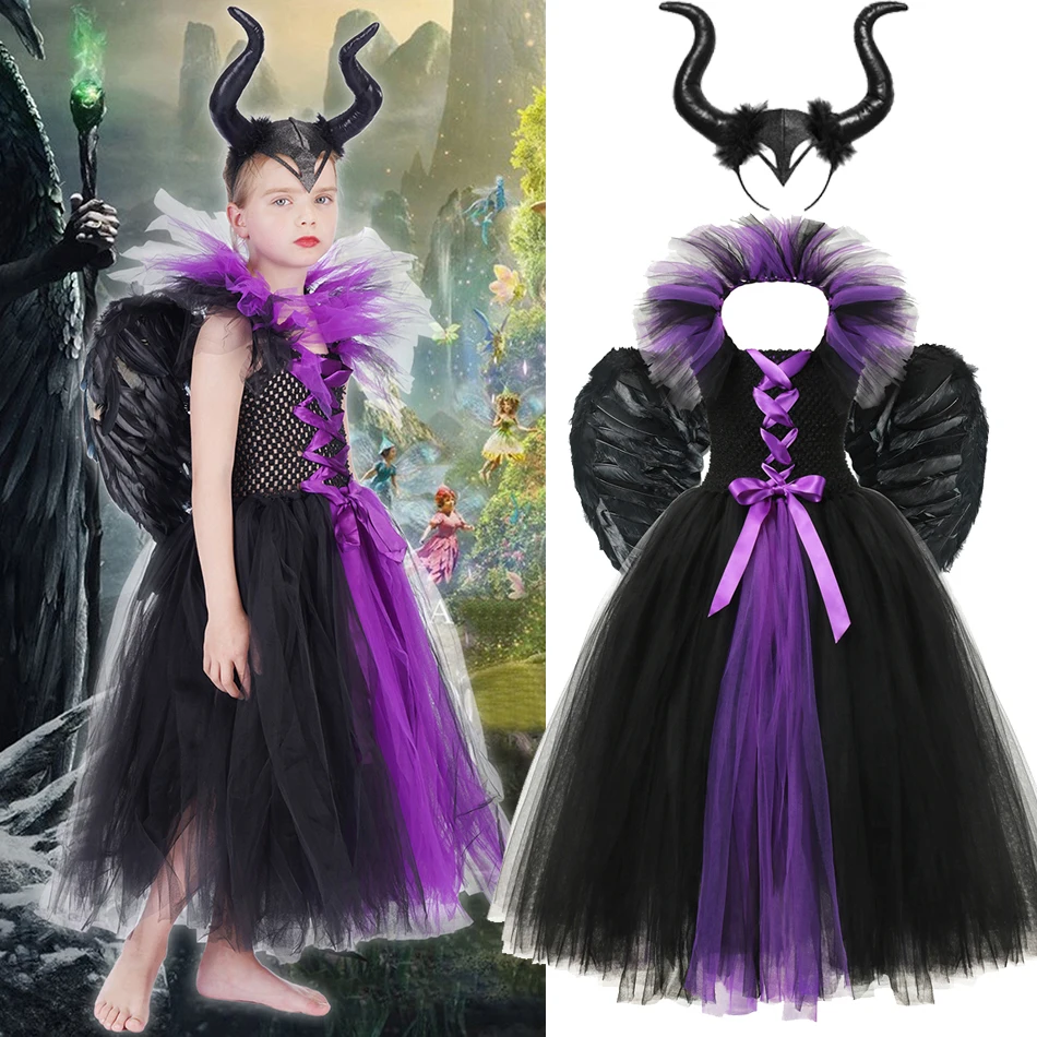 

Fancy Tutu Dress with Feather Shawl Royal Maleficent Gown Dress Halloween Costume for Kids Black Devil Tutu Costume Girls