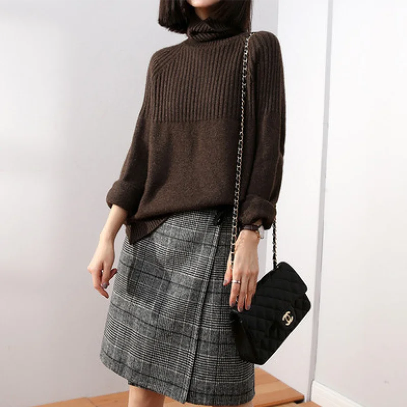 

Women's Turtleneck Wool Pullover Korean Striped Top Striped Loose Harajuku 2023 Spring And Autumn Beige Clothes Khaki