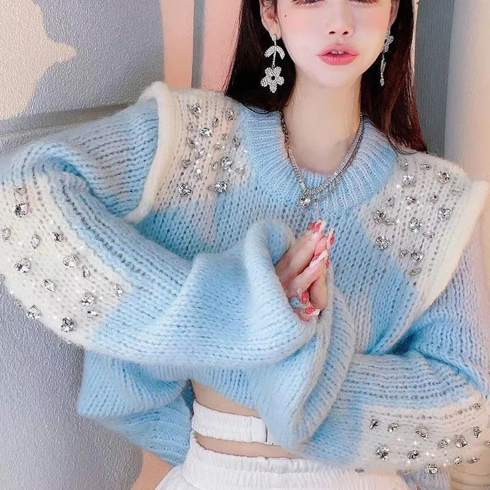 

Женский джемпер со стразами, повседневный трикотажный пуловер контрастных цветов с круглым вырезом, джемпер свободного покроя в Корейском стиле, Y2k, Осень-зима