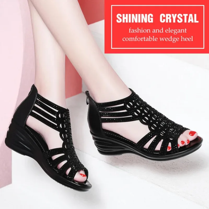 

Rhinestone Wedge Cutout Open-Toe Sandals women's simple retro shoes