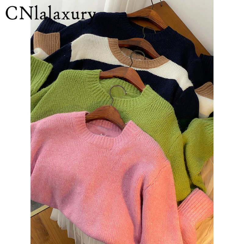 

CNlalaxury Woman Autumn Winter Casual Knitted Sweater Round Neck Long Sleeves Solid Color Sweaters O-neck Pullover Simple Jumper