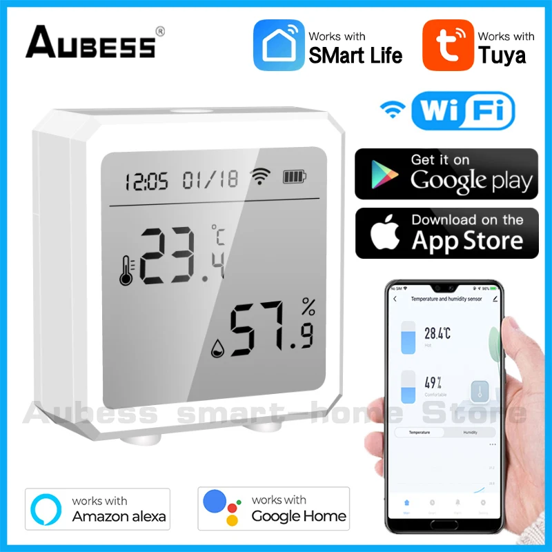 

Tuya WiFi Temperature And Humidity Sensor Ultra-low Battery Power LCD Screen Display Alarm Push Work With Alexa Google Assistant