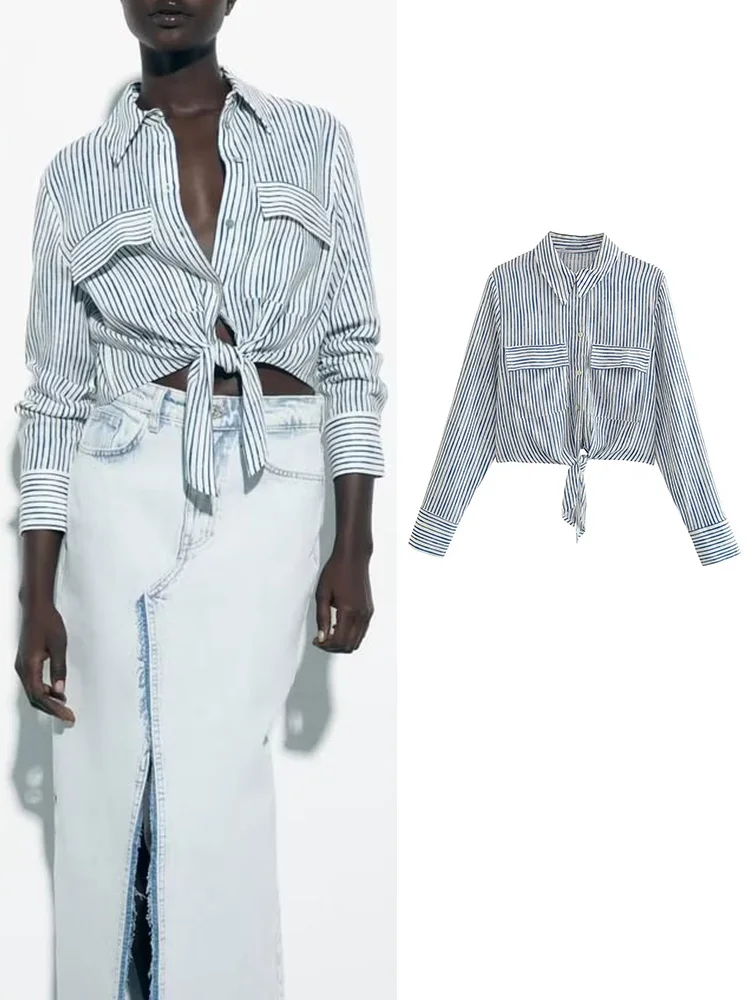 

M GIRLS Summer Women Striped Bow Blouses Turn Down Collar Single-Breasted Long Sleeve Tops Casual Commute Shirts