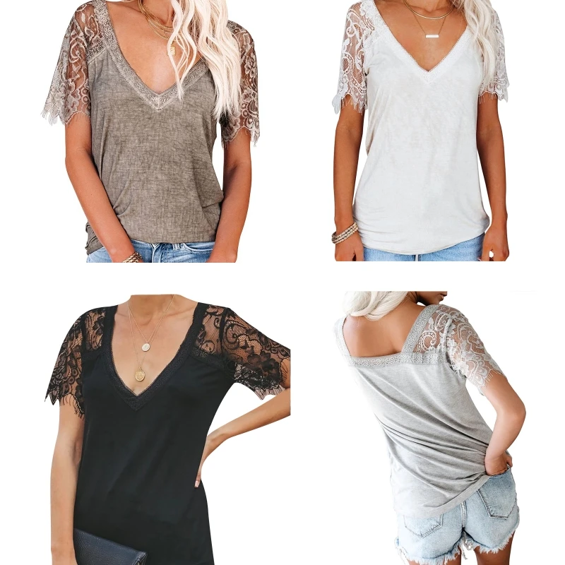 

41XC Womens Summer Scalloped Eyelash Lace Short Sleeve T Shirts Sexy Deep V Neck Solid Color Blouse Casual Loose Tee Tops