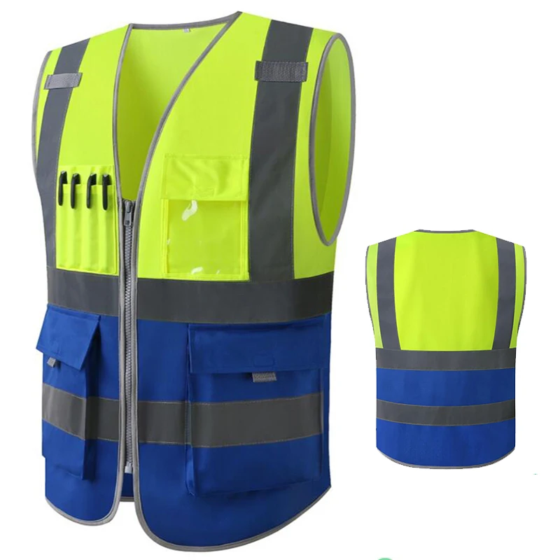 

Hi Vis Vest With Pockets Yellow Blue Reflective Vest Safety Workwear for Work Cycling Runner Surveyor Volunteer Construction