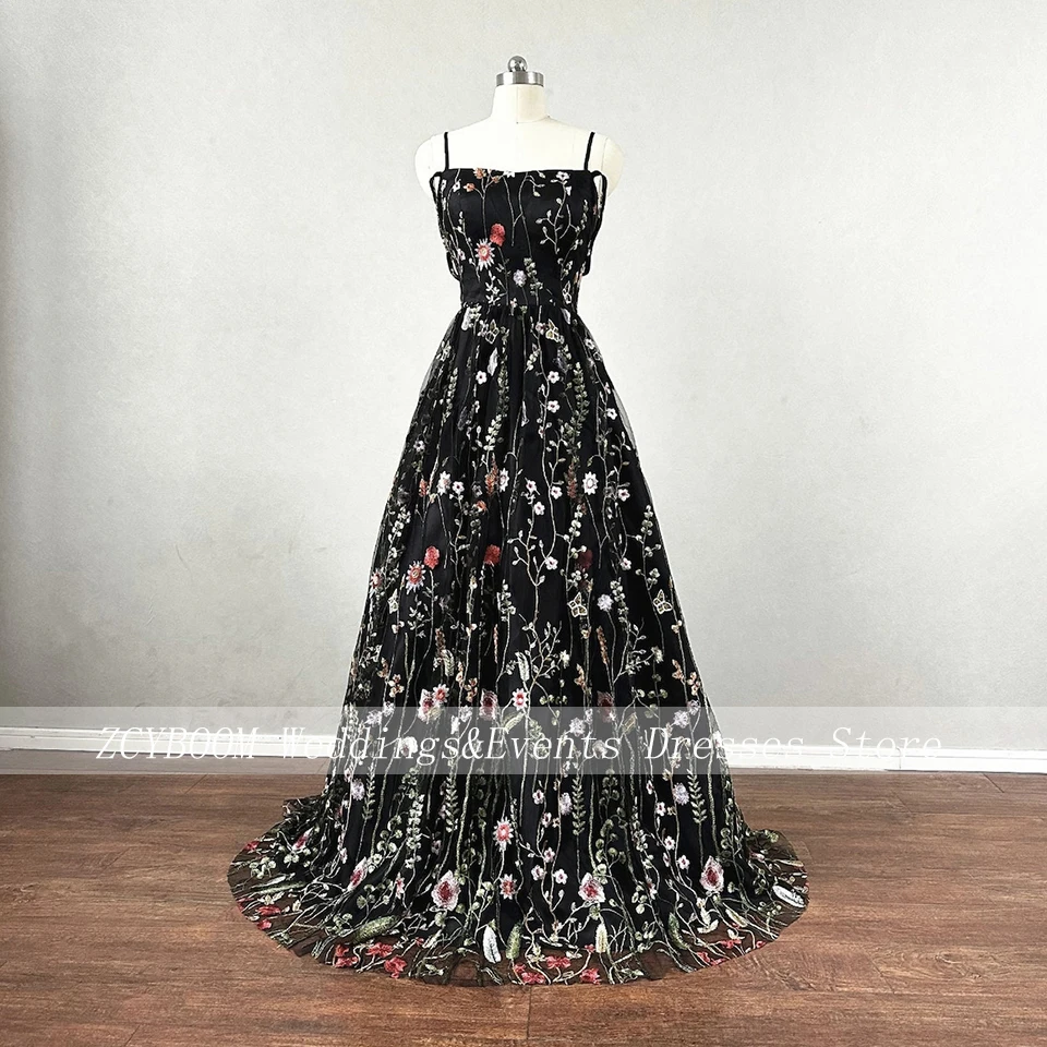 

Charming Black Spaghetti Strap Flowers Prom Dresses 2023 A-Line Floor Length Sleeveless Tulle Lace Up Custom Made Formal Gown