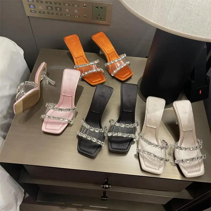 

2022 New Temperament Goddess Zircon Rhinestone Transparent High-heeled Sandals with Square Head Stiletto Sandals for Women