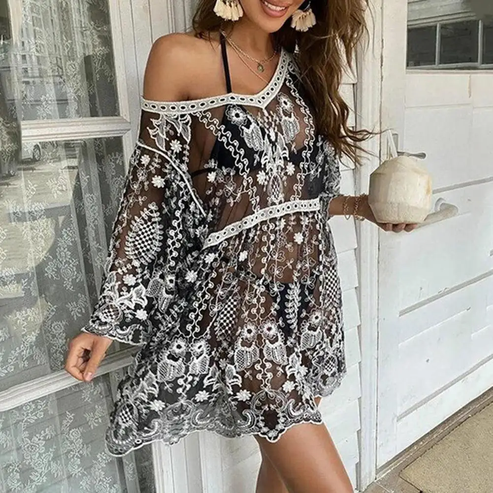 

V-neck Loose Fit 3/4 Sleeve Large Hem Sunscreen Dress Embroidery Crochet Pattern Lace Cover Up Dress for Swimming Pool
