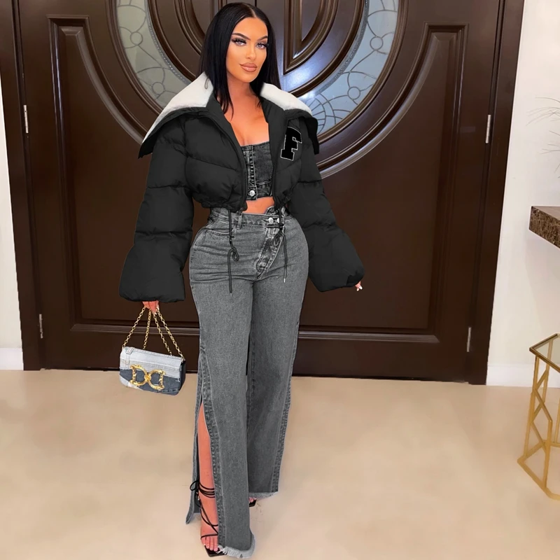 2022 Casual Solid Letter Embroidery Parkas Long Sleeve Zipper Cropped Puffer Jackets For Women Winter Drewstring Warm Thick Coat