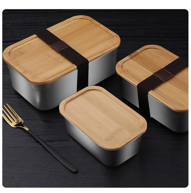 

Stainless steel lunch box reusable bamboo cover fresh-keeping box square student lunch box refrigerator storage box