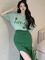 2022 spring new fashion casual kntted two piece set women pullover sweater top bodycon skirt suits elegant clothes for woman