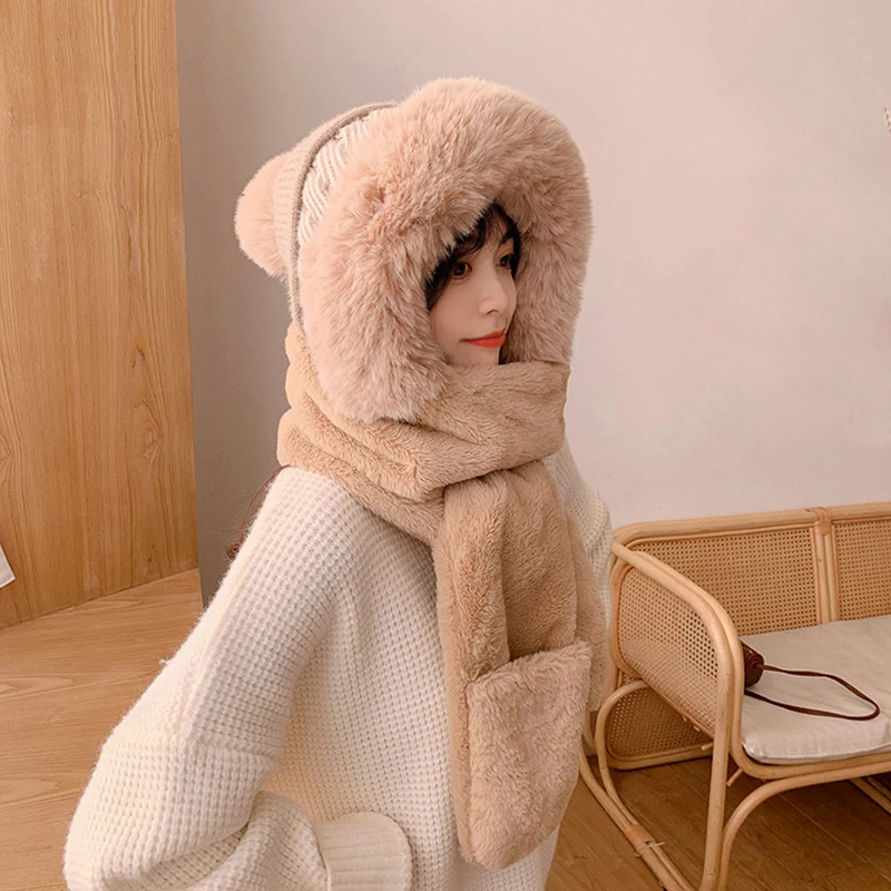 

Модная плюшевая шапка шарф перчатки цельный головной убор женские зимние утепленные сетчатые красные перчатки для сохранения тепла шапка ...