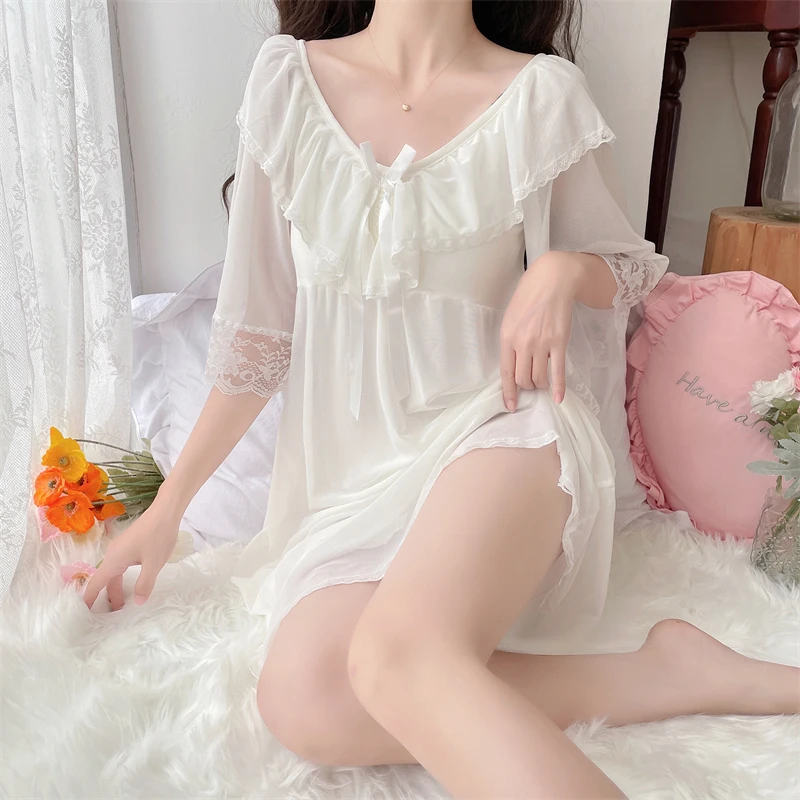 

Princess Nightgown Women Summer Home Dress Sleepwear Bow Tie Lace Patchwork Mesh Nightshirt Half Sleeve Sexy Nightdress D294