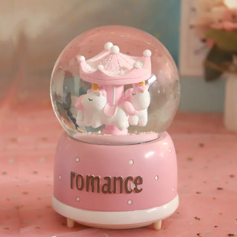 

Unicorn carousel automatic snowflake music box resin craft with lamp crystal ball student gift music box Carousel Snow Globe