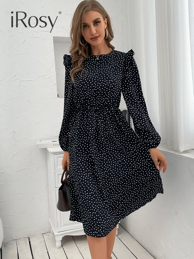 

Платье женское средней длины с длинным рукавом, элегантное вечернее с поясом на резинке, в горошек, для ужина, дня рождения, лето 2022