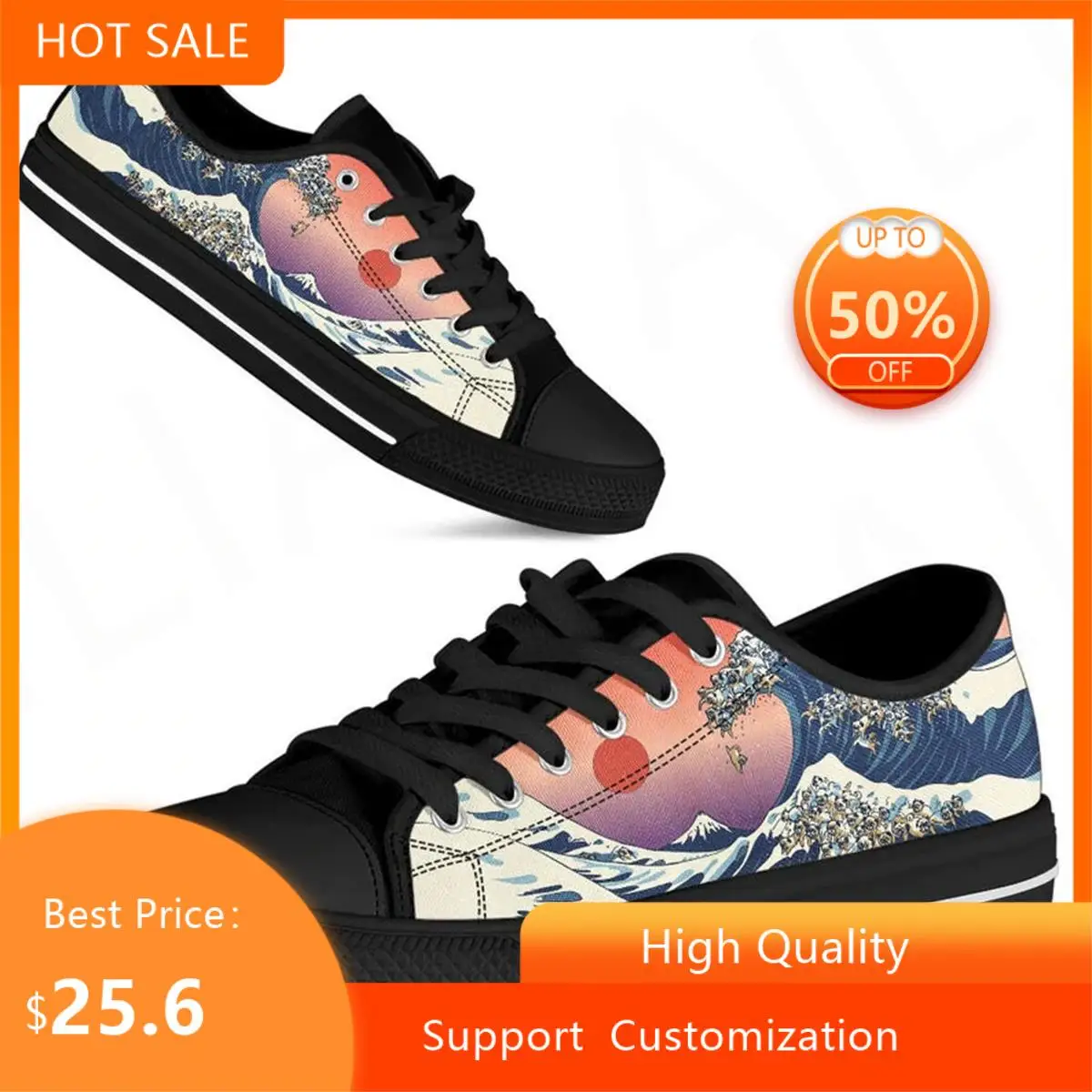 

BKQU chaussure femme Black Canvas Shoes For Women Great Wave Sun Bulldog Prints Classic Flat Shoes Light Sneakers Big Size 46