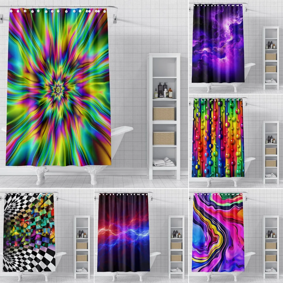 

Psychedelic 3D Printed Shower Curtain Landscape Bathroom Curtain Trippy Polyester Gradient Waterproof Bath Curtain with Hooks