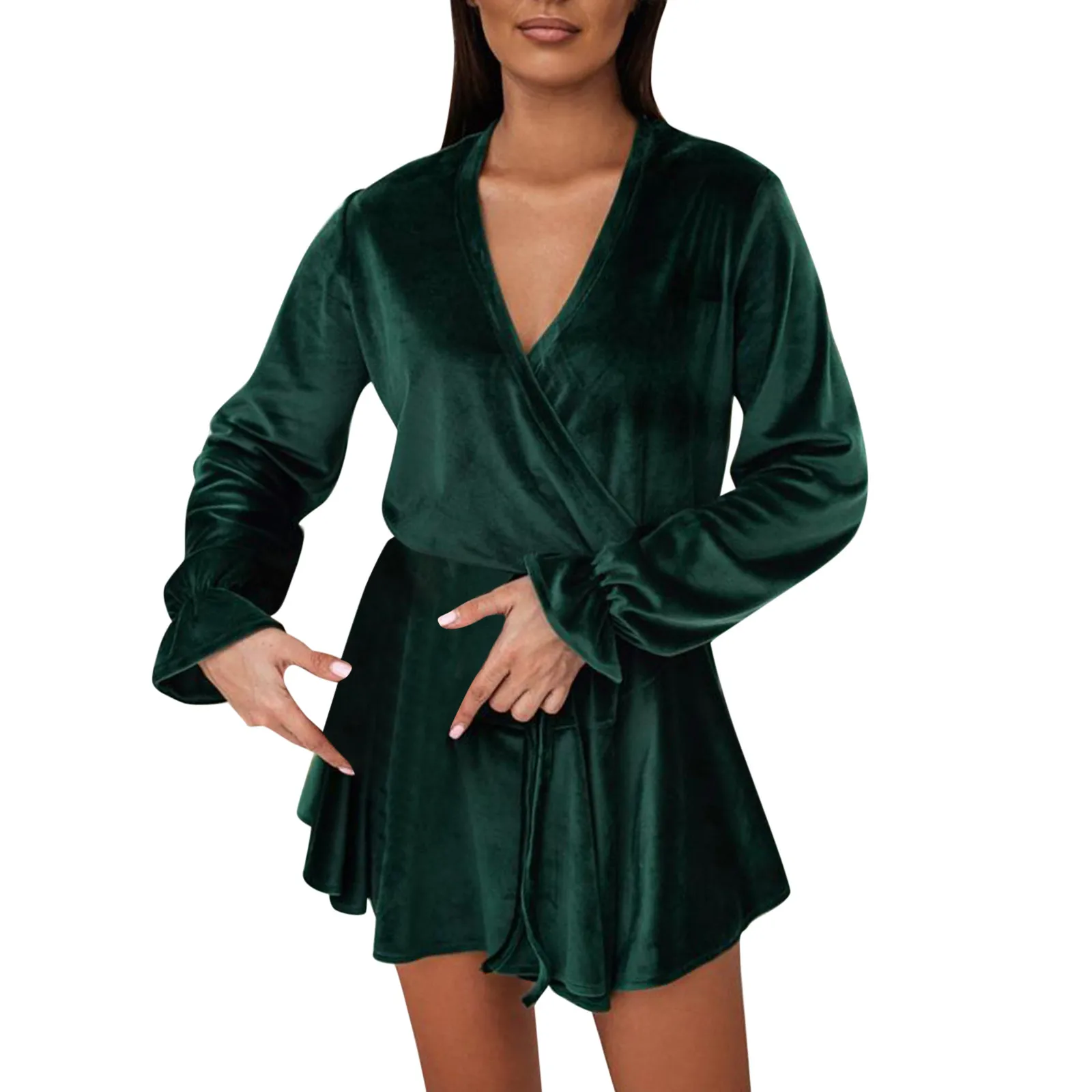 

Женское Короткое платье-трапеция с V-образным вырезом и длинным рукавом