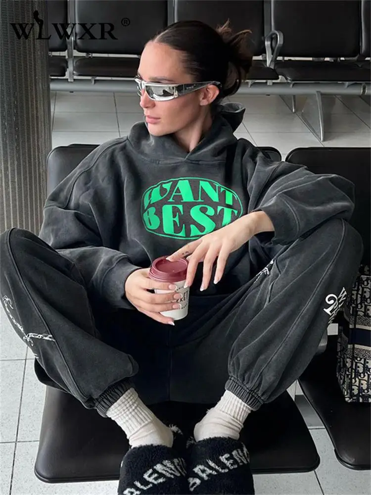 

WLWXR осенние серые свободные толстовки, Женский Топ с длинным рукавом, уличные укороченные топы, мешковатые Модные женские повседневные толстовки с капюшоном и круглым вырезом, 2022