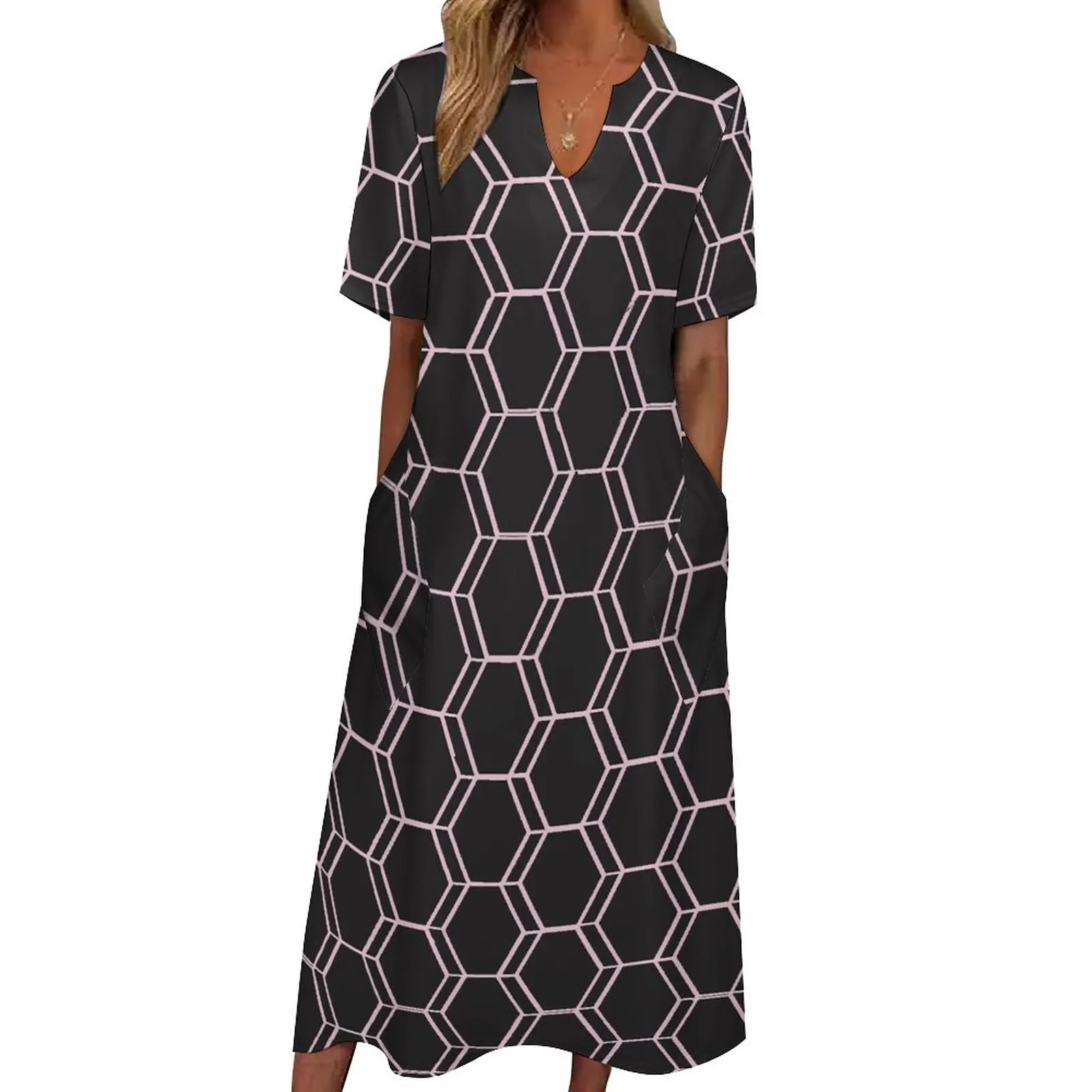 

Hives Dress Black and Pink Honeycomb Sexy Maxi Dress Street Style Boho Beach Long Dresses Summer Short Sleeve Graphic Vestidos