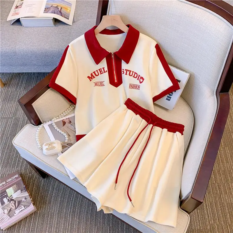Conjunto de dos piezas de camiseta y pantalón corto para mujer, traje blanco y rojo con estampado de letras, ropa de moda de talla grande 4XL