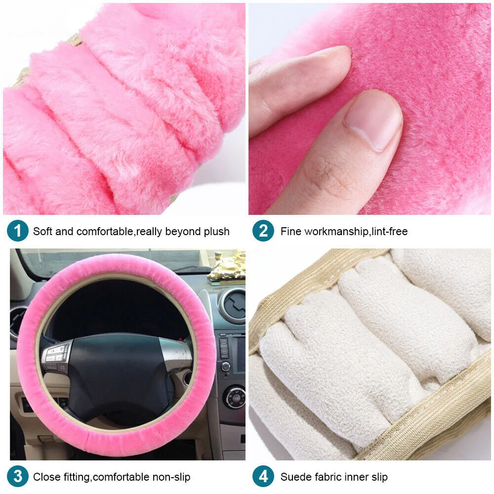 

1 Set Of 38cm Pink/Blue/Purple/Black Fur Fluffy Thick Auto Car Steering Wheel Plush Cover Soft Wool Winter Comfortable & Breathe