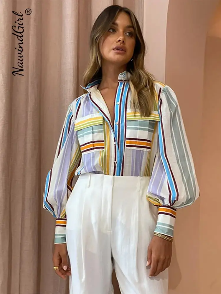 

Casual Colorful Striped Shirt Women Casual Loose Single Breasted Long Sleeve Shirts Female Summer 2023 Turn-down Collar Lady Top