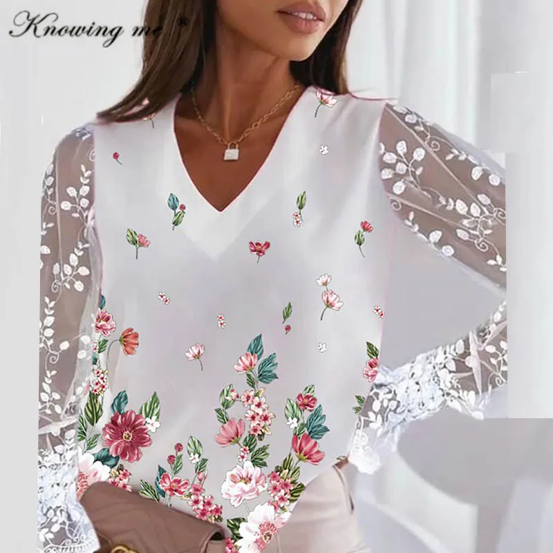 

Women White Lace Sleeve Blouse Elegant Floral Batterfly print Tops Lady sexy V neck Casual Blouse Summer Spring Shirts plus size