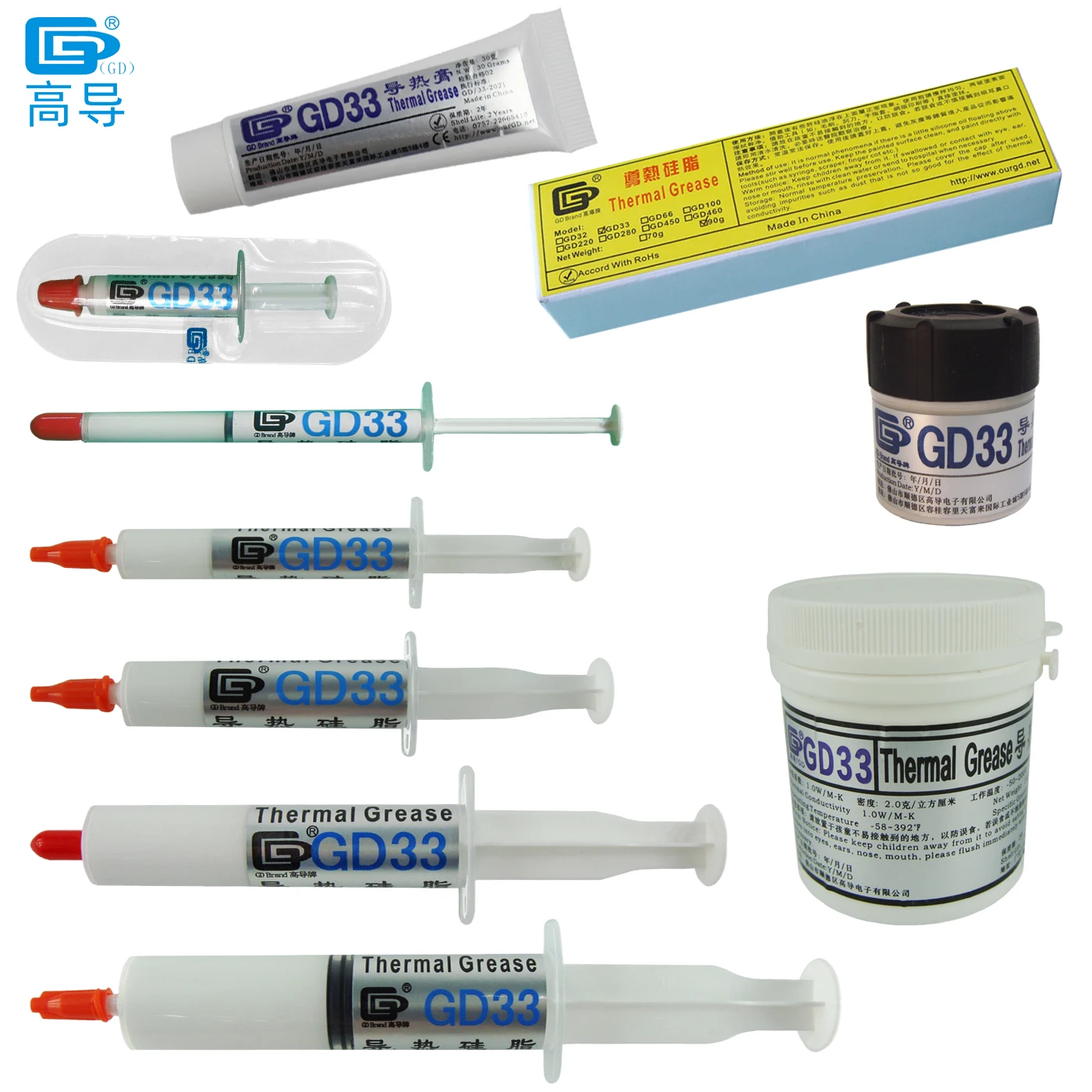 

Net Weight 1/3/7/15/25/30/90/150 Grams White GD33 Thermal Conductive Grease Paste Plaster Heat Sink Compound for CPU SSY ST CN