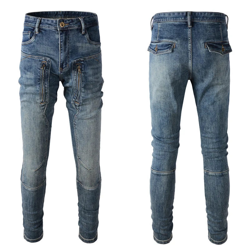 

Streetwear Fashion Men Jeans Retro Blue Elastic Slim Fit Spliced Designer Biker Jeans Homme Zipper Designer Hip Hop Denim Pants
