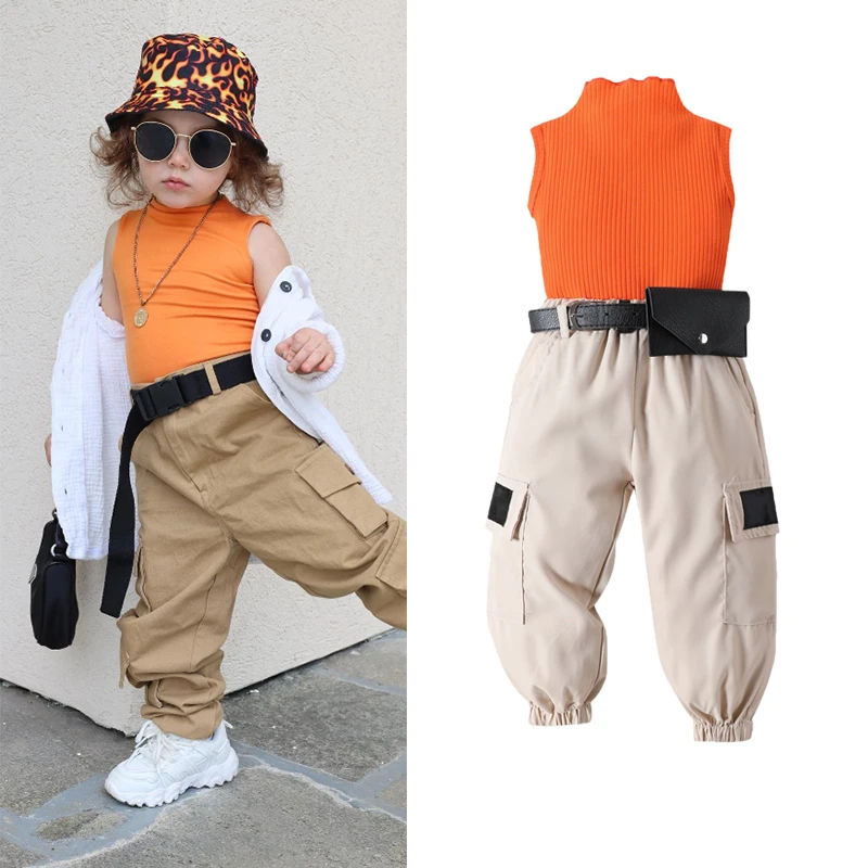 

2023-04-21 Lioraitiin 1-5Years Toddler Baby Girl 2Pcs Summer Clothing Sleevless Solid Vest Top Big Pockets Belt Cargo Pants Bag