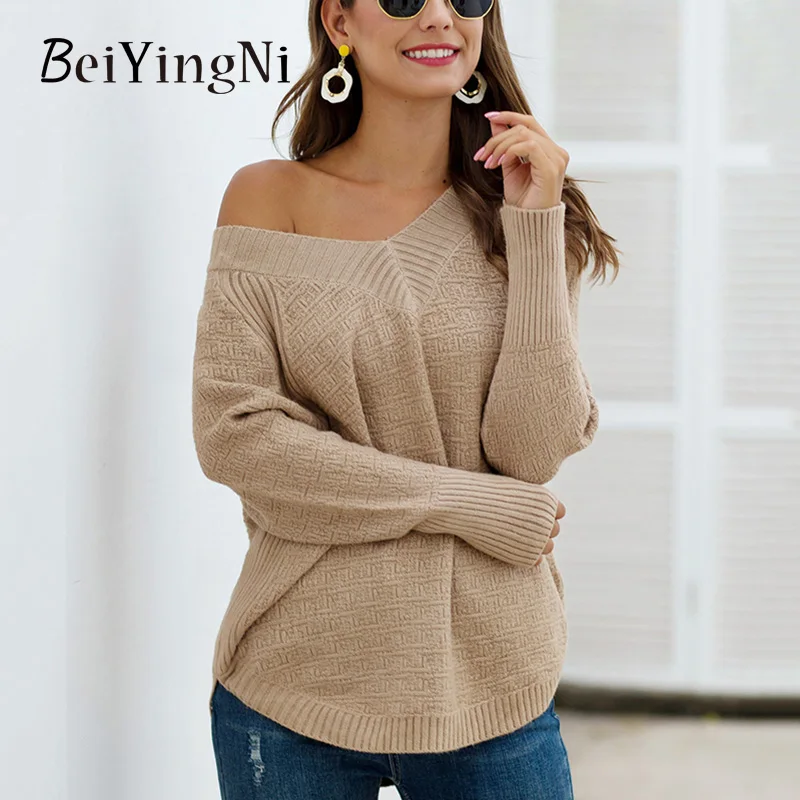 

Beiyingni 2022 Autumn Winter Women's Sweater V-neck Solid Long Sleeve Knitting Ladies Pullover Fashion Casual Loose Khaki Jumper