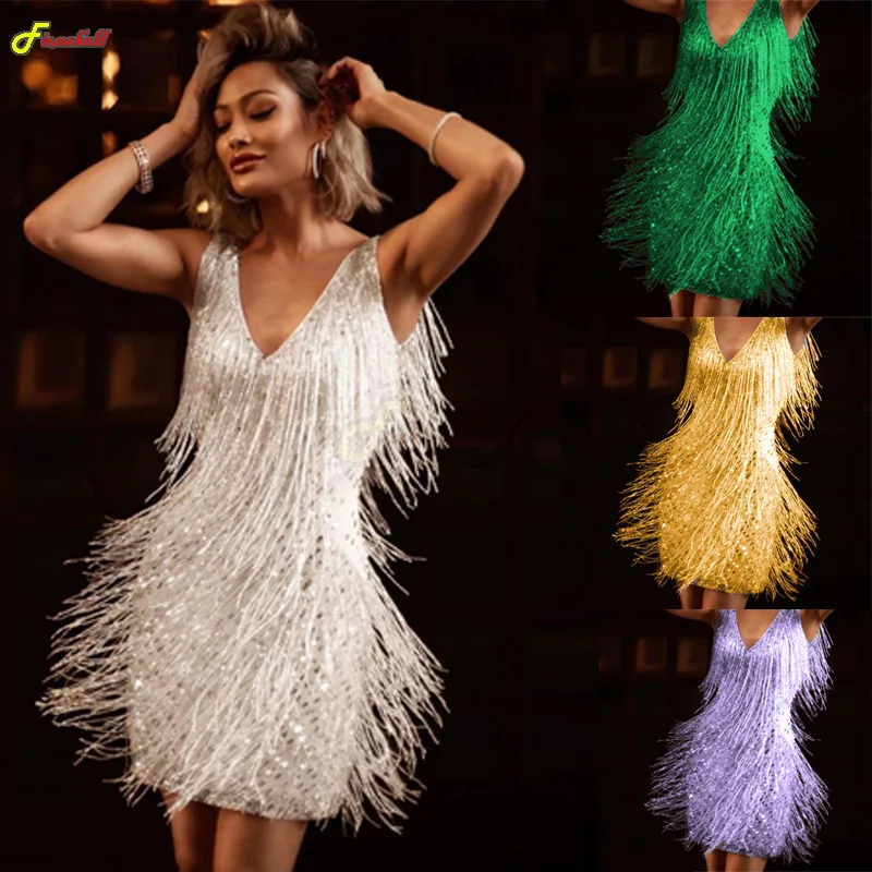 

Women Sexy Tassel Dress V Neck Sleeveless Backless Club Night Dresses Prom Ballroom Samba Fringe Dance Flapper Pencil mini Dress