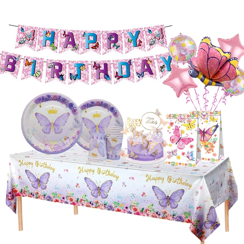 

Butterfly Disposable Tableware Set Paper Plate Napkin Banner Happy Girls Birthday Party Decorations Kids Baby Shower Supplies